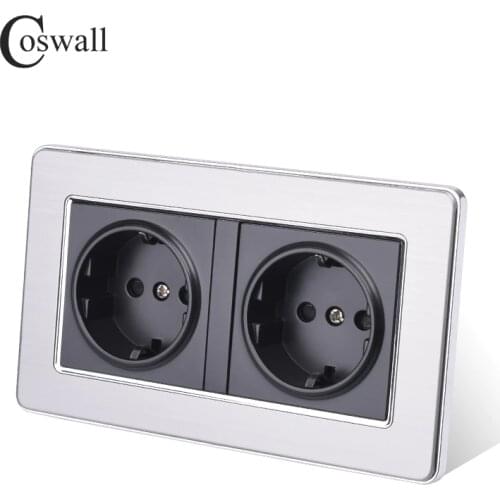 COSWALL 16A Double EU Standard Wall Socket Luxury Power Outlet Grounded Stainless Steel Panel With Children Protective Door