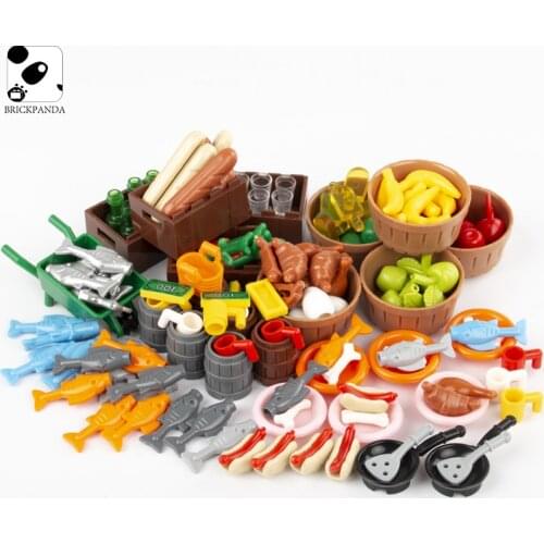 MOC City Food Accessories Blocks Friends Bread Fruit Fish Bottle Hot Dog Vegetable Box Building Blocks Figures Parts Bricks Toys