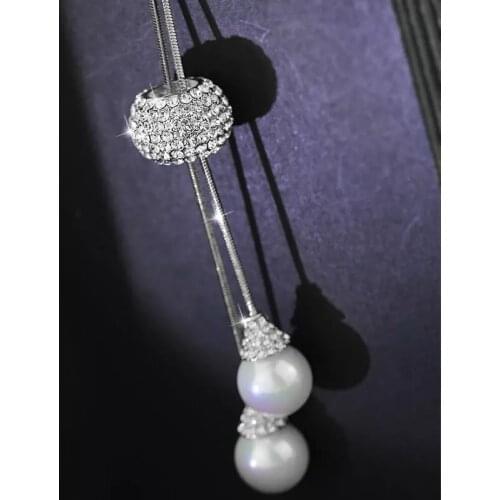 KIOOZOL Elegant Double Pearl Ball Adjustable Pendant Rose Gold Silver Color Long Necklace For Women Vintage Jewelry 340 KO2