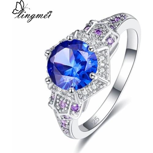 Lingmei Cocktail Party New Arrival Round Cut Rainbow & Purple & Blue & White Cubic Zircon Silver Color Ring Size 6-9 Jewelry