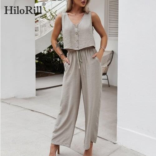 HiloRill Summer Women Casual Two Piece Set 2021 Solid Color V Neck Tank Crop Top Sets High Wasit Wide Leg Pants Holiday Outfits