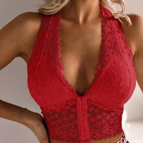 Lace Deep V-neck Yoga Bra Lace Floral Halter Top Fashion Sexy Underwear Vest Solid Color Top Front Buckle Slim Fit Crop Top