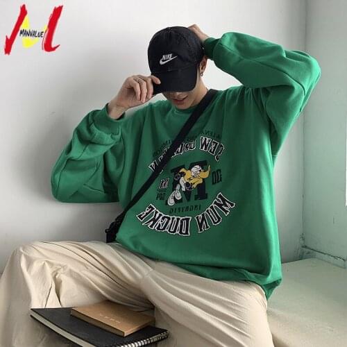 MANVALUE Spring and Autumn Mens Crewneck Cartoon Pattern Letter Printing Oversize Loose Effect Hoodies
