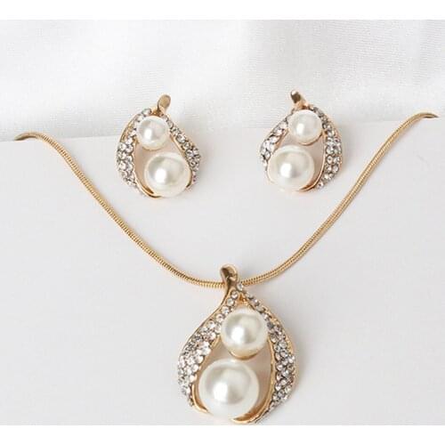 Jewelry Sets Simulated-Pearl Necklace Earrings Women Inlay Bride Set Women Wedding Jewelry Set Gold Bridal Jewelry Set