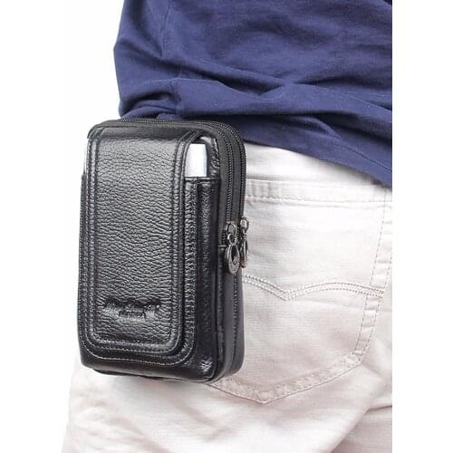 Genuine Leather Men Cell/Mobile Phone Case Cover Hook Hip Bum Belt Bags Purse Skin Male Real Cowhide Fanny Waist Pack Bag