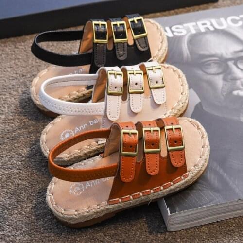 Summer New Childrens Shoes Korean Metal Button Woven Soft Sole Sandals Middle Childrens Beach Shoes Baby Girl Shoes
