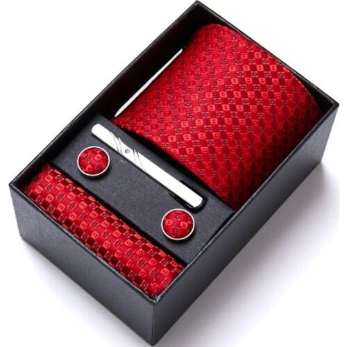 Brand New Luxury Red Tie Set 7.5cm Shinny Necktie Gravata Pocket Square Handkerchief Cufflinks Suit For Wedding In Gift Box