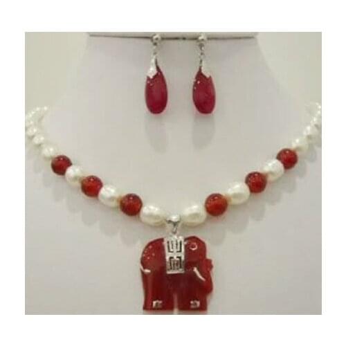 White Freshwater Pearl & Red jade Elephant pendant necklace earring set