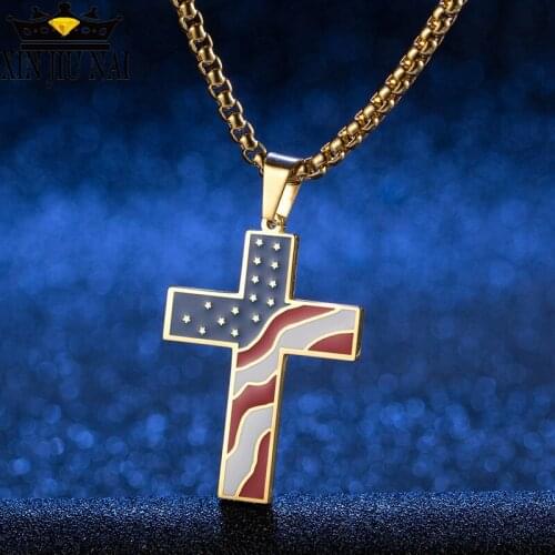 Necklace Cross Pendant with American Flag Enamel Religious Ornament Jesus Amulet Gift for Christians 925 necklace Cross