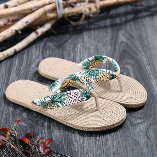 Hemp Rope Woven Flat Flip Flops Summer Womens Sandals Hemp Bottom Floral Outer Wear Boho Style Flat-heeled Beach women Slides