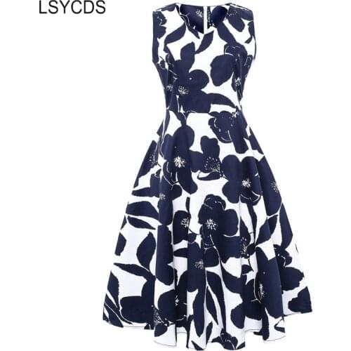 S-4XL V Neck Dress Plus Size Elegant Floral Print Sleeveless Women Dress Vintage Retro Casual Party Dress Vestido De Festa