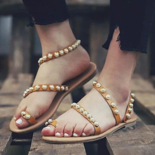 Flat Sandals 2019 Casual Women Sandals String Bead Summer Shoes For Woman Flip Flops Plus Size 43 Leather Beach Sandalias Mujer