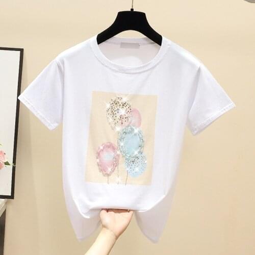 Beaded Women White T-Shirts Summer New Design 2021 O-Neck Short-Sleeved Elegant Office Lady Pulls Outwear Tops Tees