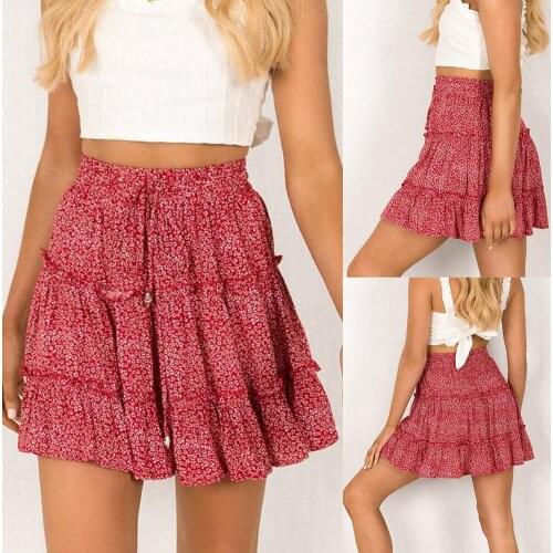 Summer Women Bohemian Flower Print Ruffled High Waist Beach Mini Skirt Elastic Waist Casual Above Knee Skirt A-Line Skirt