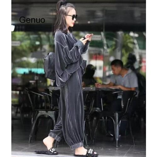 Women Velvet Two Pieces Set Batwing Sleeve Woman Tops With Wide Leg Pants Two Piece Set Plus Size Womens Warm Sets Clothes 2020