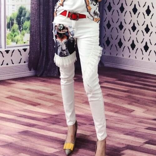 Womens White Jeans Boyfriend Jeans Women Bead Spliced Printed Pantalon Femme Stretch Trousers Pencil Pants Pantalones Vaqueros