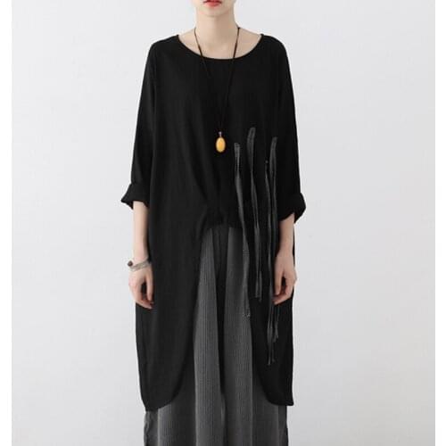 Johnature Women Vintage Shirts Spring 2021 New Cotton Linen Acrylic Tassel Embroidery Solid Asymmetrical Soft Loose O-Neck Shirt