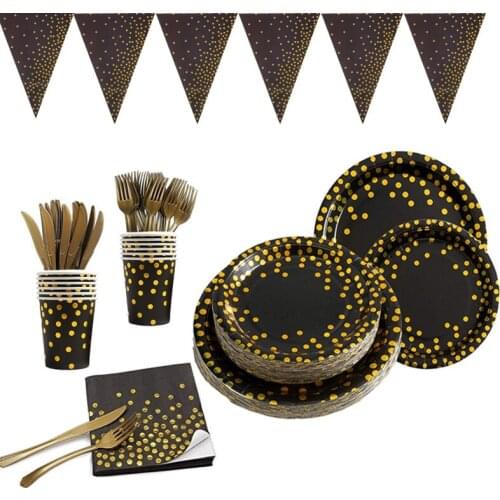 Gold Stamping Polka Dot Dinner Plate Cups Tissue Napkins for Birthday Party Suit Top Grade Disposable Paper Partyware
