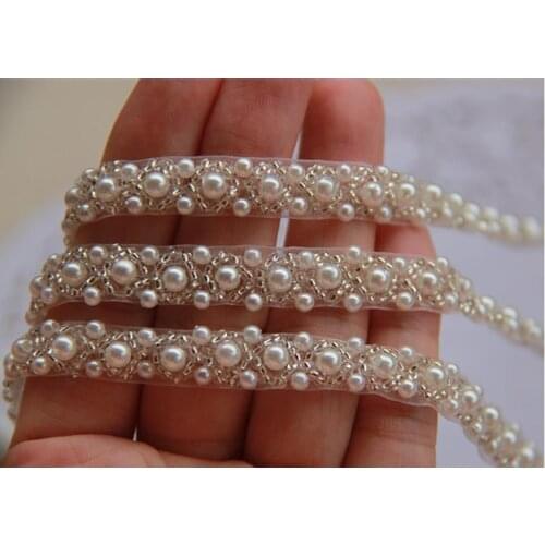 2Yards Pearl Beaded Lace Trim Mesh Lace Ribbon Fabric Clothes Decoration Wedding Dress Collar Sleeve Lace Applique DIY Crafts