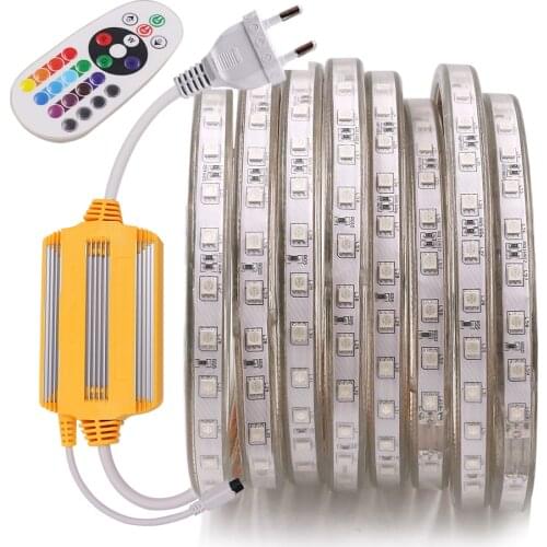 AC 220V RGB LED Strip Light Flexible LED Tape SMD5050 60LEDs/M Waterproof LED Ribbon with 1500W IR Remote Controller EU Plug