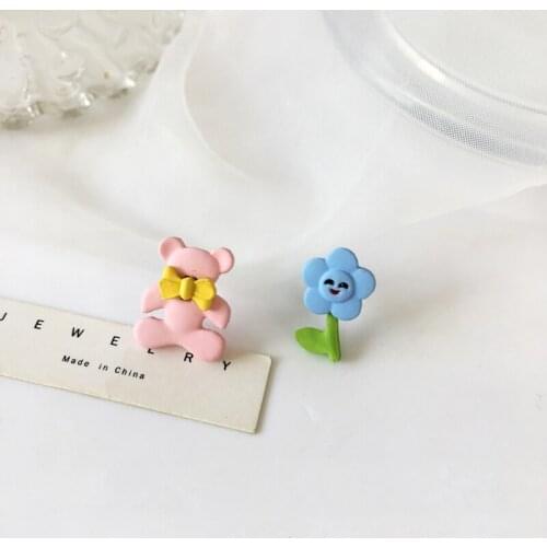 S925 Needle Love bear sweet flower asymmetric earrings small girl earrings