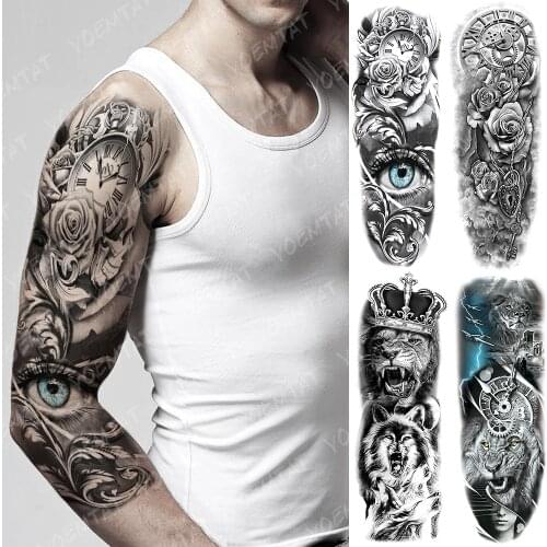 Large Arm Sleeve Tattoo Rose Gear Clock Eye Waterproof Temporary Tatto Sticker Lion Wolf King Body Art Full Fake Tatoo Women Men