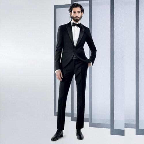 Black Slim Fit Mens Suit Peaked Lapel Wedding Blazers Two Pieces Male Tuxedos One Button Groom Wear Prom Jackets And Pants