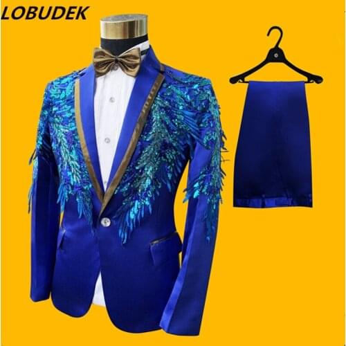 Formal Mens Crystals Sequins Suits Tuxedo Host Evening Party Performance Suit Wedding Groom Master Clothing Singer Chorus Sets