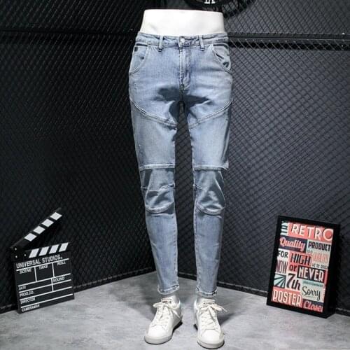 High Street Designer Embroidery Solid Color Patchwork Blue Jeans Men Slim Fit Pencil Pants Autumn Casual Mens Long Denim Pants