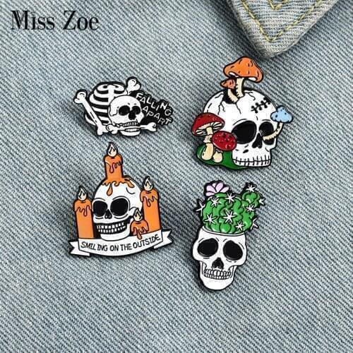 Dead Lonely Skeleton Enamel Pin Custom Cactus Mushroom Candles Brooches Bag Lapel Pin Punk Dark Gothic Badge Jewelry for Friends