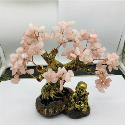 Feng Shui Natural Rose Quartz Crystal Money Tree Bonsai Style Decoration for Wealth and Luck