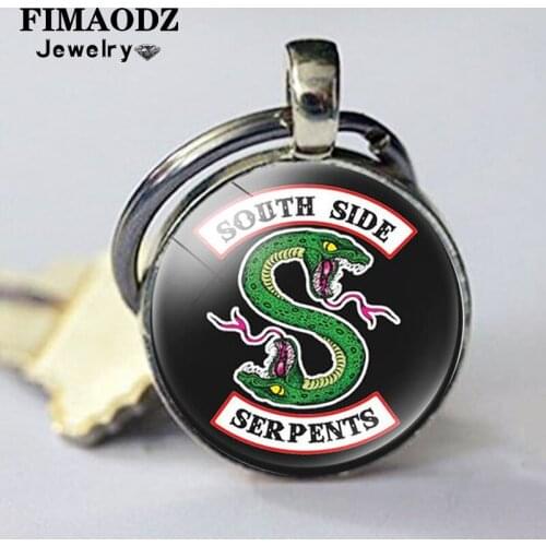 FIMAODZ TV Series Riverdale Keychain Mysteries South Side Serpents Glass Photo Vintage Alloy Pendant Key Chain Holder