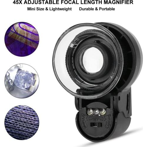 Mini 45X Handheld LED Jewellery Magnifier Adjustable Focal Length Loupe UV Currency Detector Jewelry Magnifying Glass Eye Lens