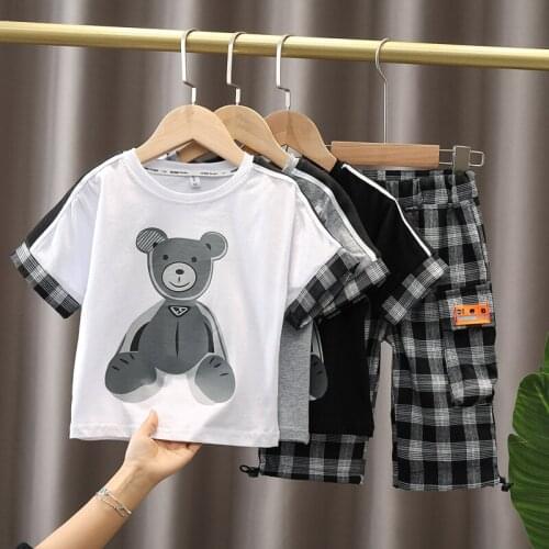 Fashion Clothes Boy Cartoon Costumes Childrens Bear Print Outfit Boy Summer Set 2pc Kids Cotton T-shirt And Shorts Size:90-140