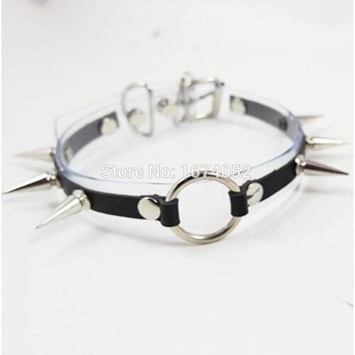 Fashion Jewelry 100% Handcrafted Long Spiked Collar Leather Transparent Layered Choker O Round Punk Necklace