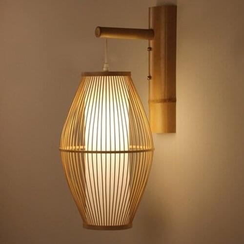 Bamboo Wicker Rattan Lantern Shade Wall Lamp Fixture Rustic Country Asian Japanese Sconce Light Home Bedroom Living Room Hallway