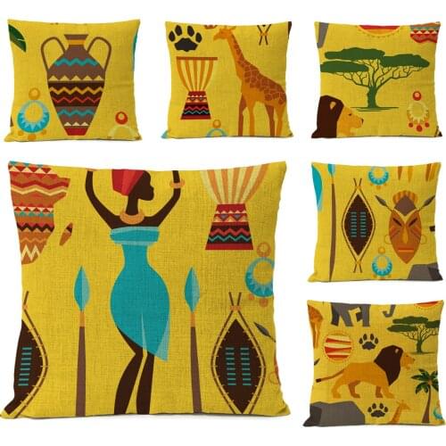 African print Pillow Cover yellow Linen Pillow Case Home Decorative Pillows African animals Cushion Cover