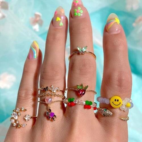 New Ins Shiny Fruit Geometric Ring for Women Y2K Jewelry Vintage Cute Harajuku Charms Apple Cherry Rings 90s Aesthetic Friends