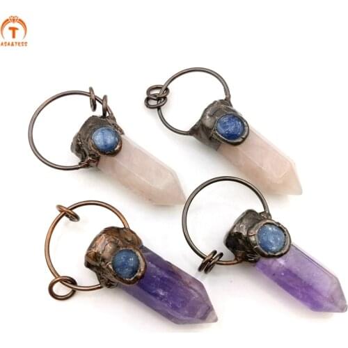 Natural Amethyst Rose Quartz Column Crystal Pendant Necklaces For Women Reiki Souvenir Charm Mineral Fashion Jewelry Finding