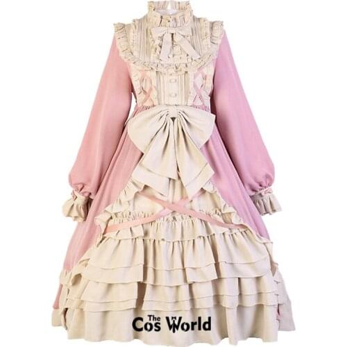 [Cream] Lolita Sweet OP Long Sleeve One-piece Shirt Dresses Costumes