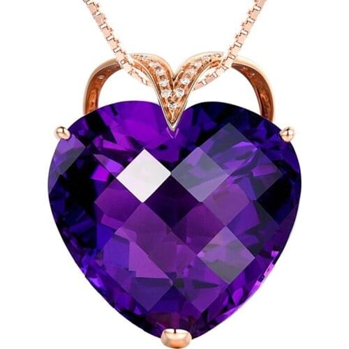 Romantic Style Light Yellow Gold Color Love Heart Section Natural Purple Amethysts Crystal Pendant Link Chain Necklace
