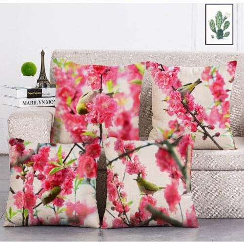 Peach Blossom Painting Pink Throw Pillow Cases Poppy Cardinal Swallow Decorative Cushion Covers T80