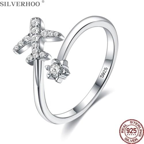 SILVERHOO 925 Sterling Silver Flying Plane Open Finger Rings For Women Clear CZ Cubic Zirconia Adjustable Rings Fine Jewelry