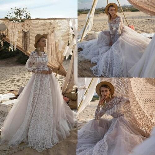 Bohemian Boho Wedding Dress with Long Sleeves A Line Vintage Open Back Lace Beaded Tulle Bridal Gowns Robe De Mariee New