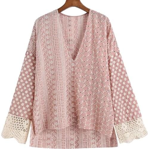 2021 New Women Fashion Hollow Out Embroidery Patchwork Loose Blouses Vintage Long Sleeve Side Vents Female Shirts Chic Tops