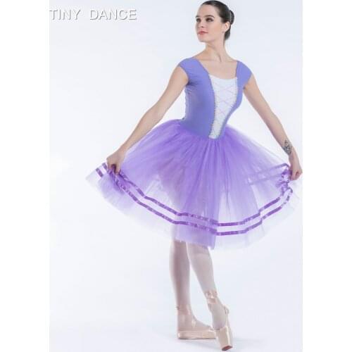Tank Sleeve Spandex Bodice 5 Layers Romantic Length Ballet Dance Tutu Lilac Long Tutu Ballerina Dress 19339