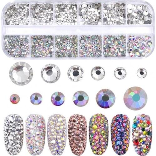100 pcs Nail Art Rhinestones 12 Grids Acrylic Nail Stones Colorful Crystal Beads 3D Nails Art Decorations