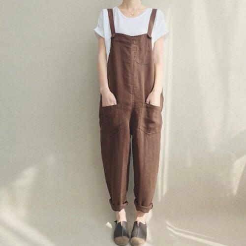 2021 ZANZEA Summer Women Strappy Pockets Casual Solid Dungarees Cotton Linen Long Jumpsuits Loose Bib Overalls Rompers Plus Size