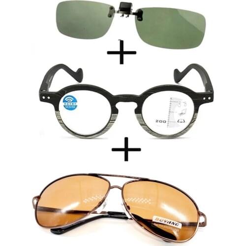 3Pcs!!! Progressive Multifocal Far and Near Reading Glasses for Men Women + Alloy Polarized Sunglasses Pilot + Sunglasses Clip