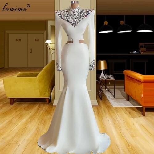 Long Sleeves White Evening Dresses Mermaid Formal Evening Gowns With Crystals Elegant Celebrity Dresses Party Vestidos De Noite